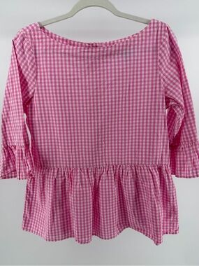 Haley & The Hound Pink White Gingham Button Back Cotton Blouse, Women's Small